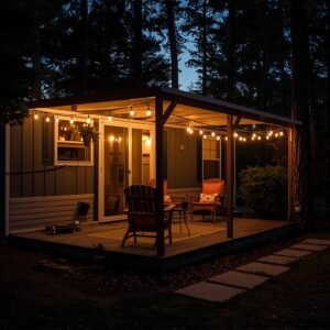 cozy mobile home patio with warm string lights overhead at dusk, small seating area, glowing ambient lighting, inviting atmosphere