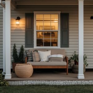 cozy mobile home patio with warm string lights overhead at dusk, small seating area, glowing ambient lighting, inviting atmosphere