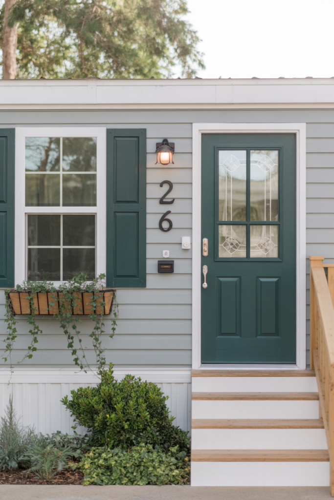 Mobile home exterior with green door, shutters, window planter, and house number 26.