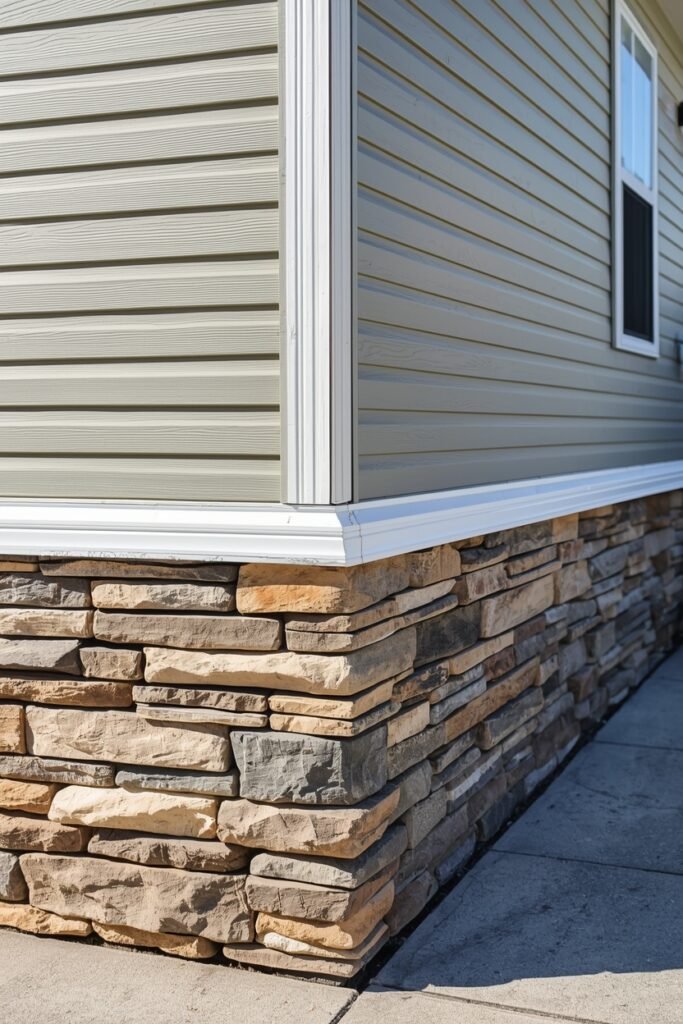 Mobile home exterior with stacked stone skirting and tan siding.
