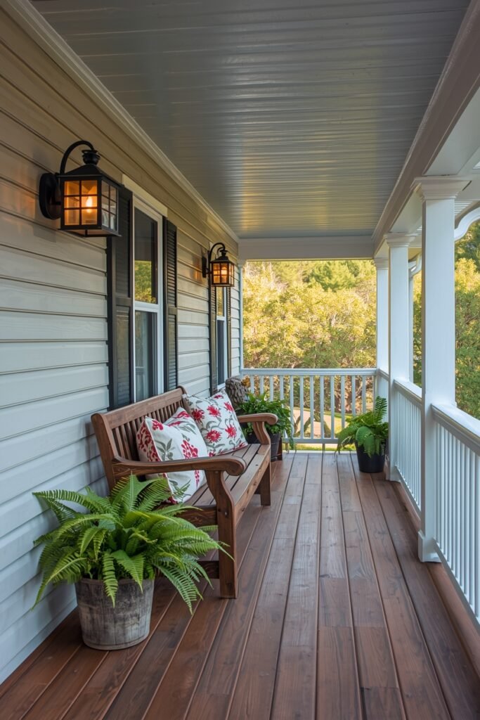 Mobile home porch with wooden bench, plants, and outdoor lighting.