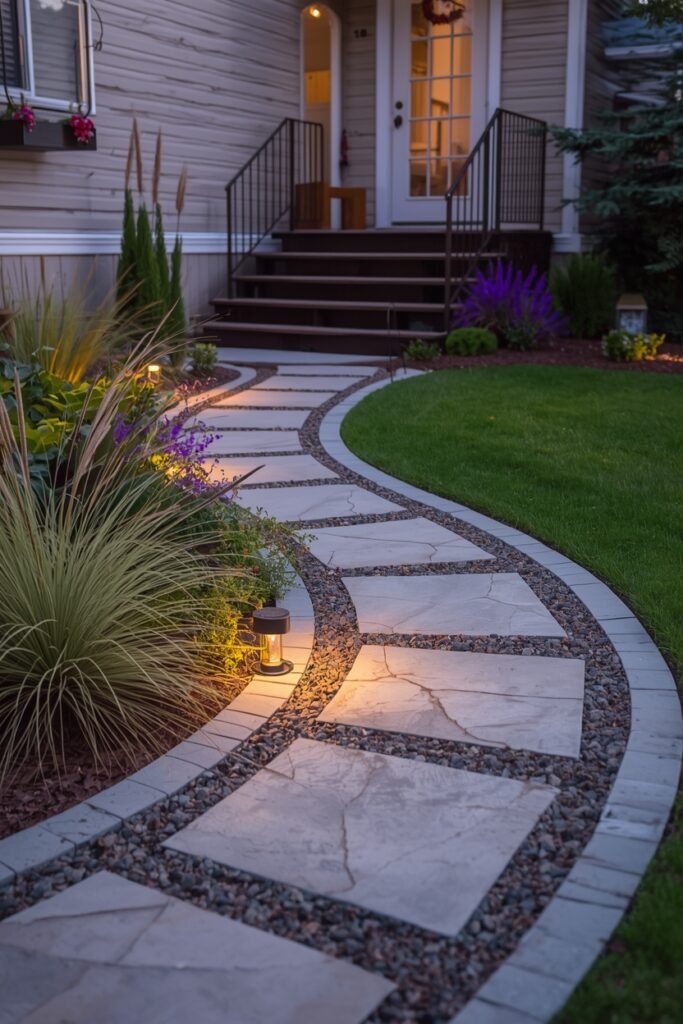 Curving stone pathway with solar lights leading to a mobile home entrance.