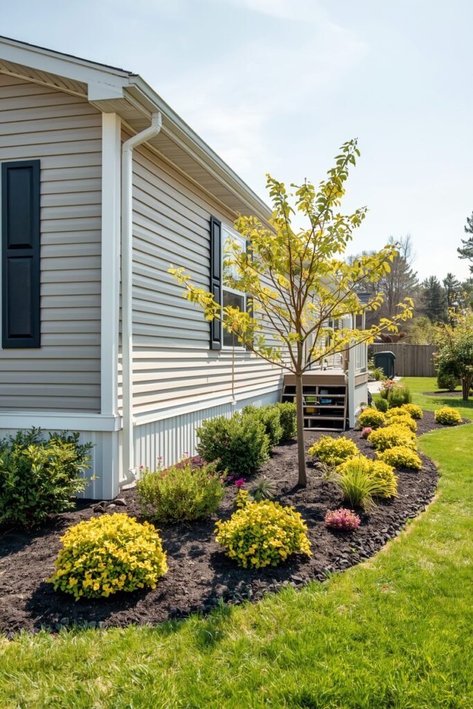 Mobile home exterior with landscaping, showcasing design tricks.