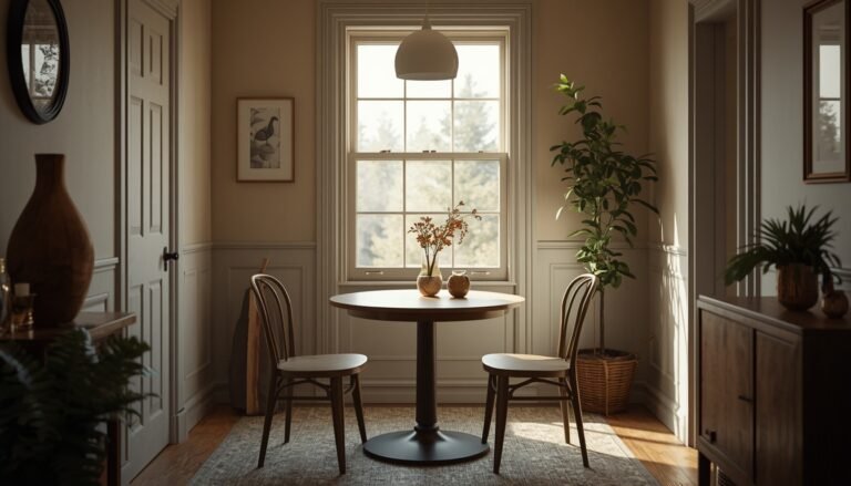 Cozy small dining room ideas: round table, two chairs, window light