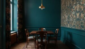 Wooden table and chairs in a small teal dining room with floral wallpaper