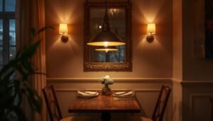 Cozy small dining room idea: two chairs at a table with a flower centerpiece.