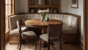 Small dining room idea: cozy banquette seating with a round wooden table.