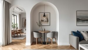 Cozy dining nook with arched doorway, small round table, and chairs. Small dining room idea.