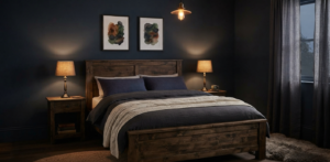 Cozy guest bedroom ideas: Dark walls, wooden bed, and warm lighting.