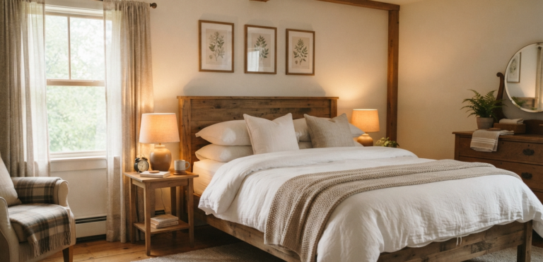 Cozy guest bedroom with wooden bed, pillows, and lamps, framed art, and mirror