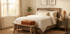 Cozy guest bedroom with a rustic wood bed, neutral linens, and warm lighting.