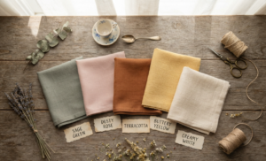 Colorful linen napkins named Sage Green, Dusty Rose, Terracotta, Buttery Yellow, and Creamy White