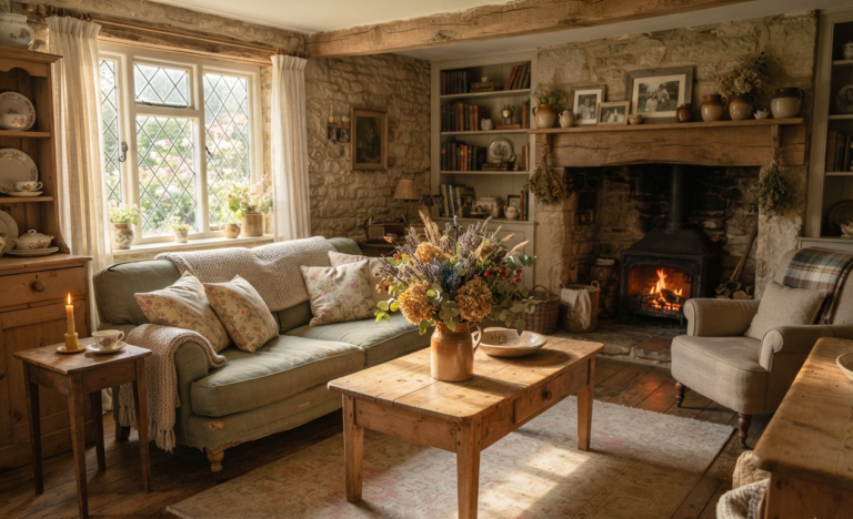 Cozy cottagecore living room with fireplace, sofa, and rustic decor