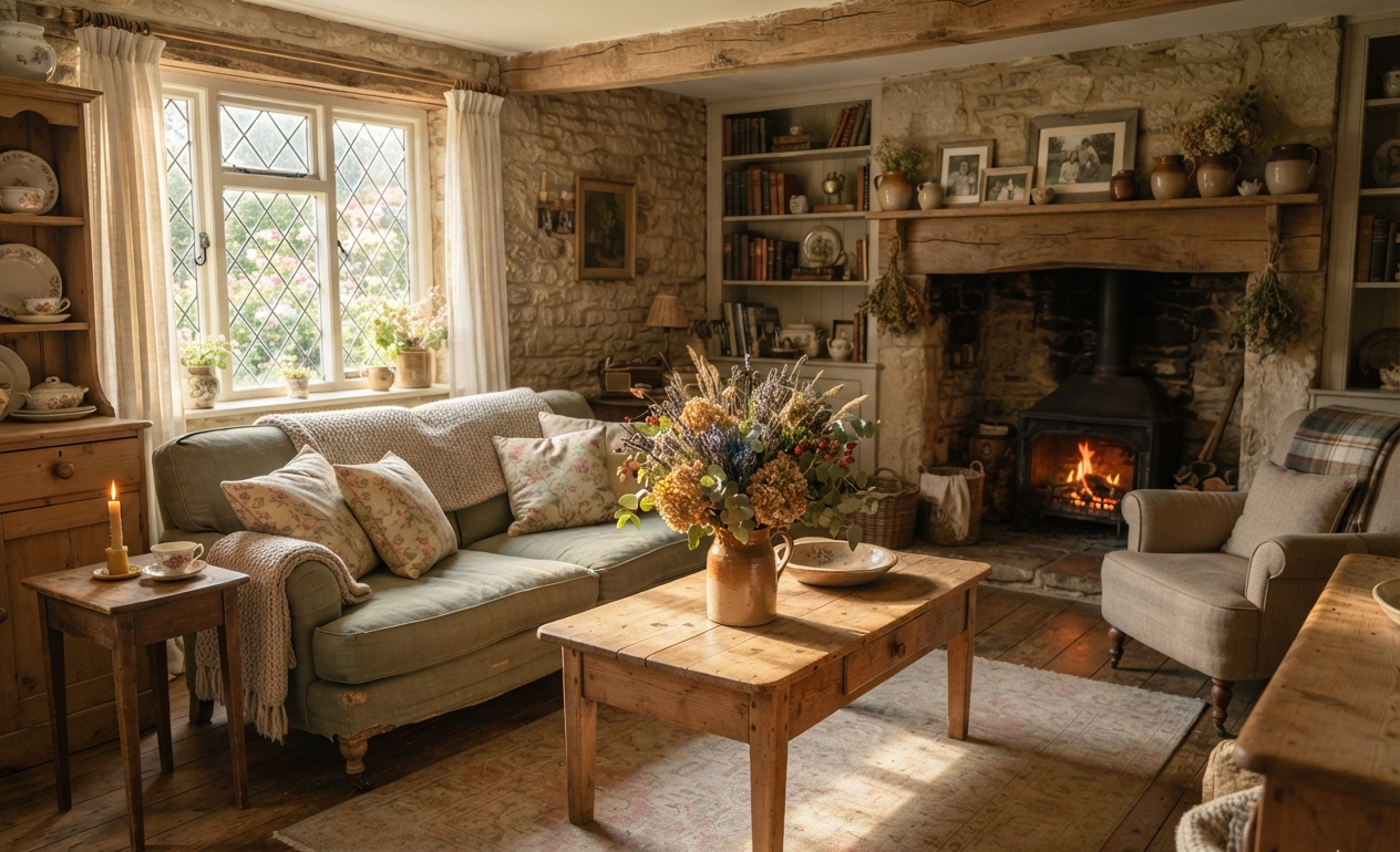 Cozy cottagecore living room with fireplace, sofa, and rustic decor