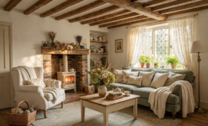 Cozy cottagecore living room with fireplace, armchair, and sofa.