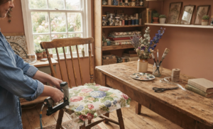 Woman upholstering chair with floral fabric, cottagecore decorating ideas