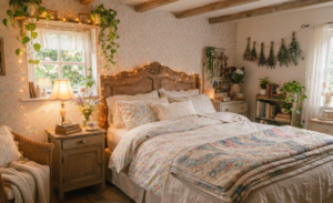 Cozy cottagecore bedroom with floral bedding, fairy lights, and plants