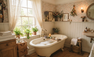 Cottagecore bathroom with clawfoot tub, floral wallpaper, and plants