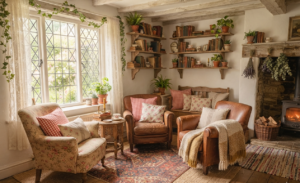 Living room with armchairs, rugs, bookshelves, fireplace, and cozy cottagecore decorating ideas