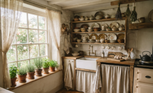 Cozy cottagecore kitchen with rustic shelves, farmhouse sink, and window garden.
