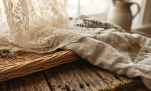 Lace, lavender, and linen fabric on a rustic basket for cottagecore decorating.
