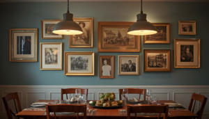 Elegant small dining room with a table set for a meal and framed historical photos on a blue wall.