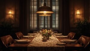 Small dining room idea: elegant table setting with warm lighting
