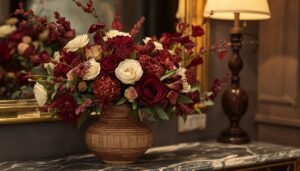 Rich winter floral arrangement in a textured vase, featuring deep red and cream roses.