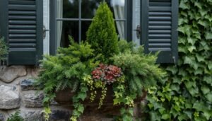 Winter window box with evergreens, red succulents, and green ivy