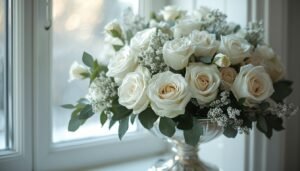 Elegant white rose winter floral arrangement by a window