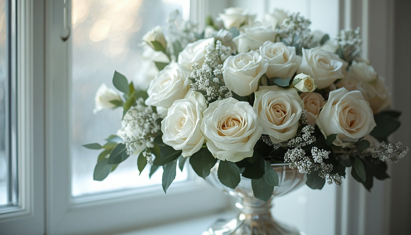Elegant white rose winter floral arrangement by a window