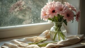 Pink gerbera daisies in a vase, a winter floral arrangement idea.