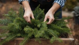 Person arranging winter spruce branches in a wooden window box