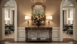 Elegant console table with winter floral arrangement, lamps, and mirror