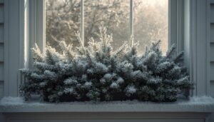 Winter window box with snow-covered pine branches for curb appeal