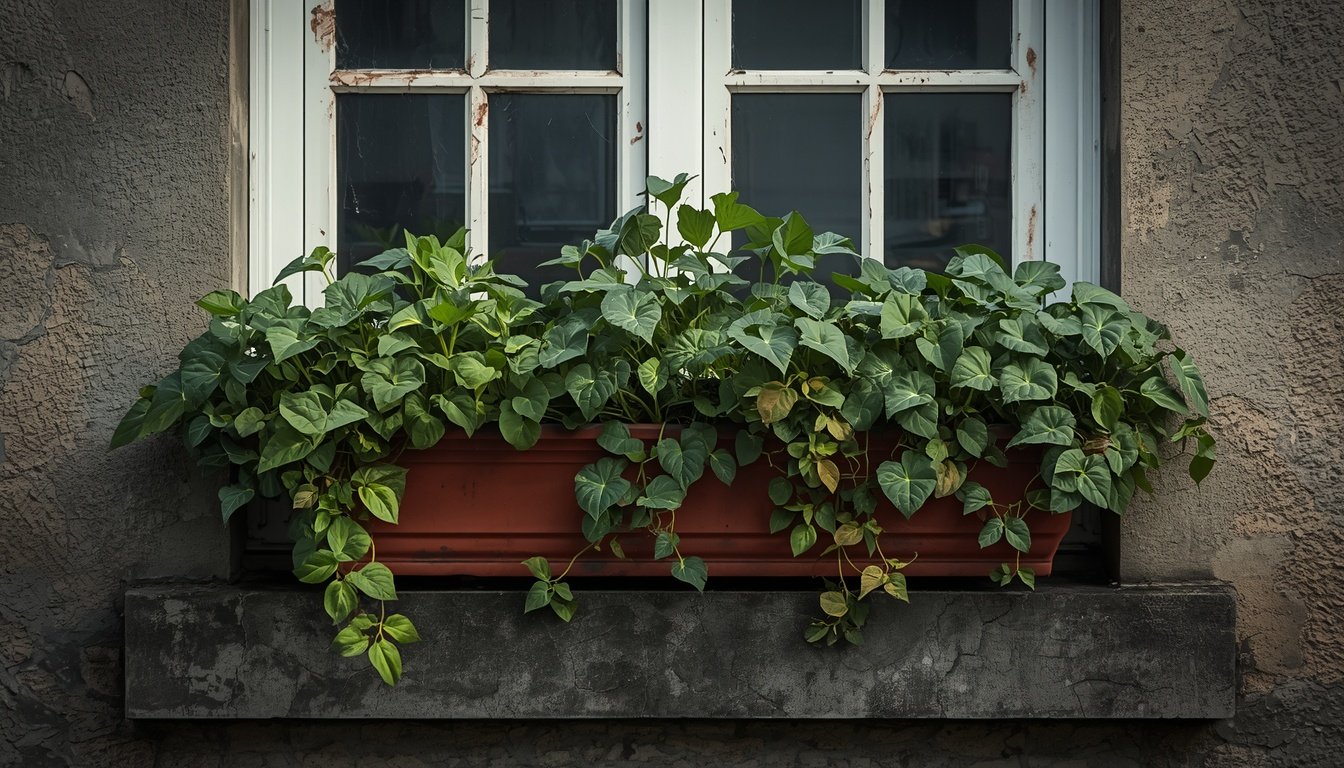 Lush green ivy spilling from a terracotta window box on a rustic stone wall.