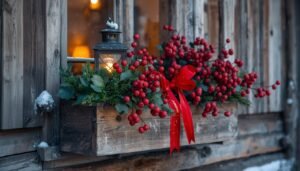 Winter window box with red berries, green leaves, and a lantern
