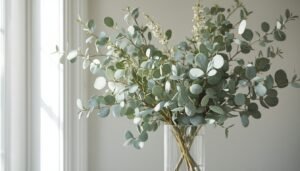 Eucalyptus winter floral arrangement in a glass vase