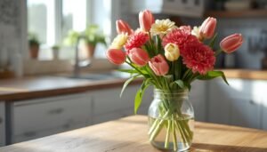 Pink tulips and dahlias in a glass vase, a winter floral arrangement idea.