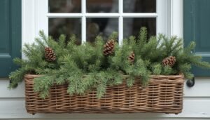 Woven basket filled with evergreen branches and pinecones for winter window box ideas.