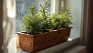 Winter window box ideas with small evergreen trees