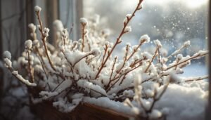 Snow-covered branches in a winter window box, showcasing winter window box ideas.