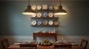 Small dining room with a wall of decorative plates and a wooden table.