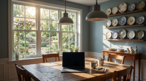 Small dining room with wooden table, laptop, coffee cup, and garden view