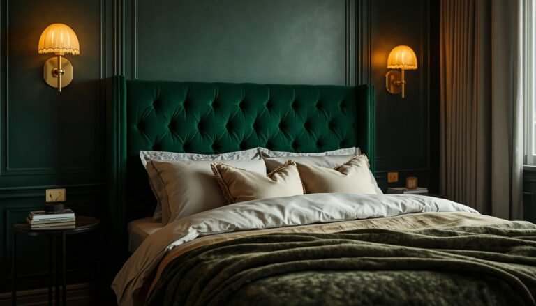 Luxurious emerald green tufted headboard bedroom with gold sconces