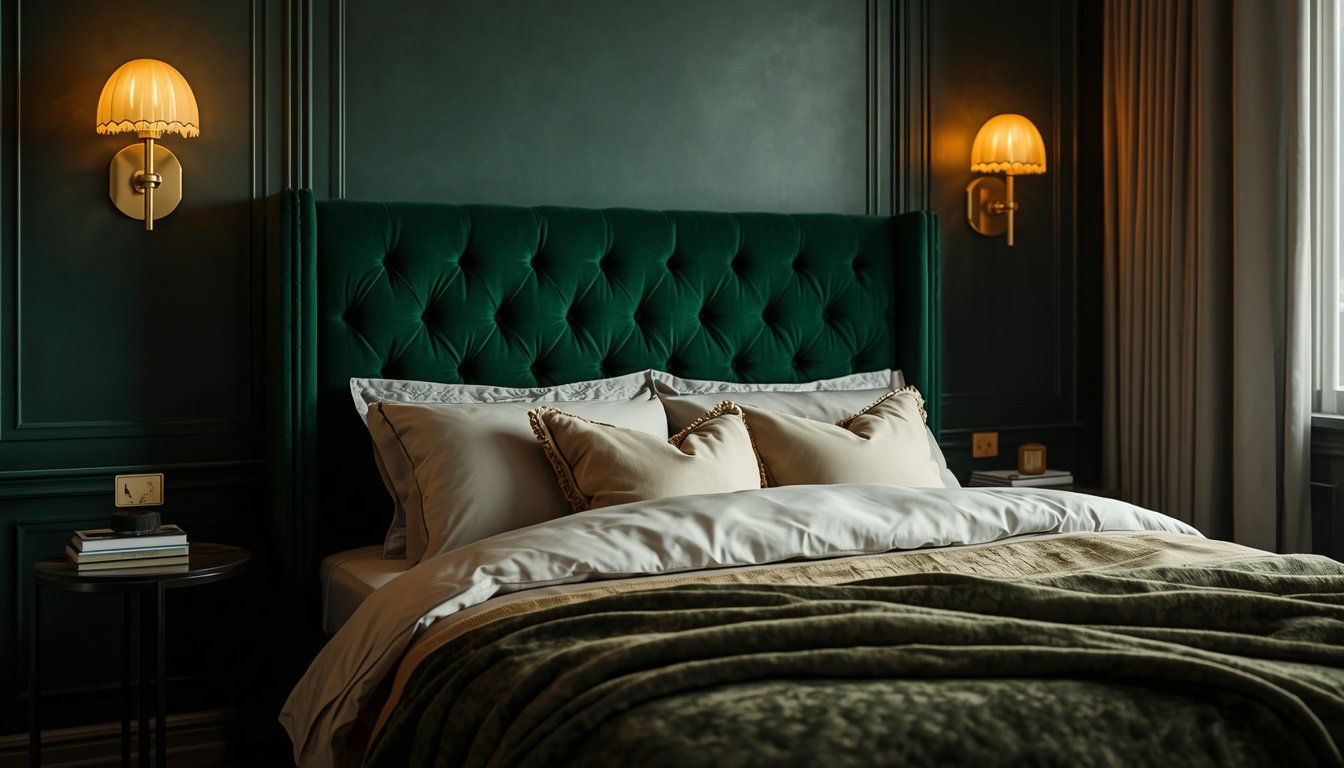 Luxurious emerald green tufted headboard bedroom with gold sconces