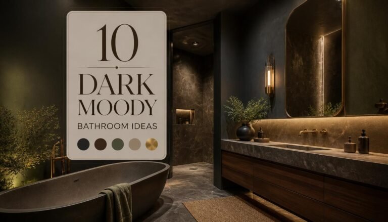 A dark moody bathroom with a freestanding oval tub, floating vanity, and warm wall sconces, alongside a poster reading Dark Moody Bathroom Ideas.