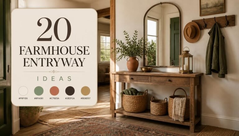 A rustic farmhouse entryway with a wooden console table, round mirror, woven baskets, wall hooks with hats and coats, and an overlaid title reading Farmhouse Entryway Ideas.