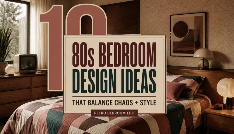 A retro-style bedroom poster with the text “80s Bedroom Design Ideas That Balance Chaos + Style” overlays a cozy 1980s-inspired bedroom with a patterned bedspread, wood furniture, and a window.