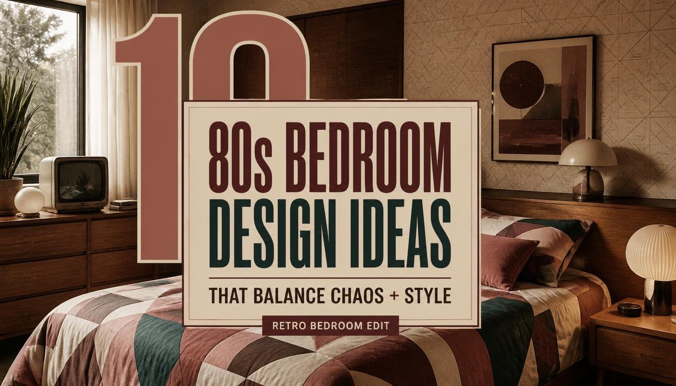 A retro-style bedroom poster with the text “80s Bedroom Design Ideas That Balance Chaos + Style” overlays a cozy 1980s-inspired bedroom with a patterned bedspread, wood furniture, and a window.